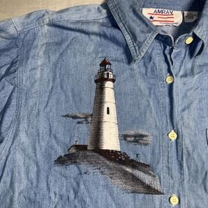 Denim Lighthouse Large Overshirt Nautical Beach Fisherman Retro Coastal Maine NE